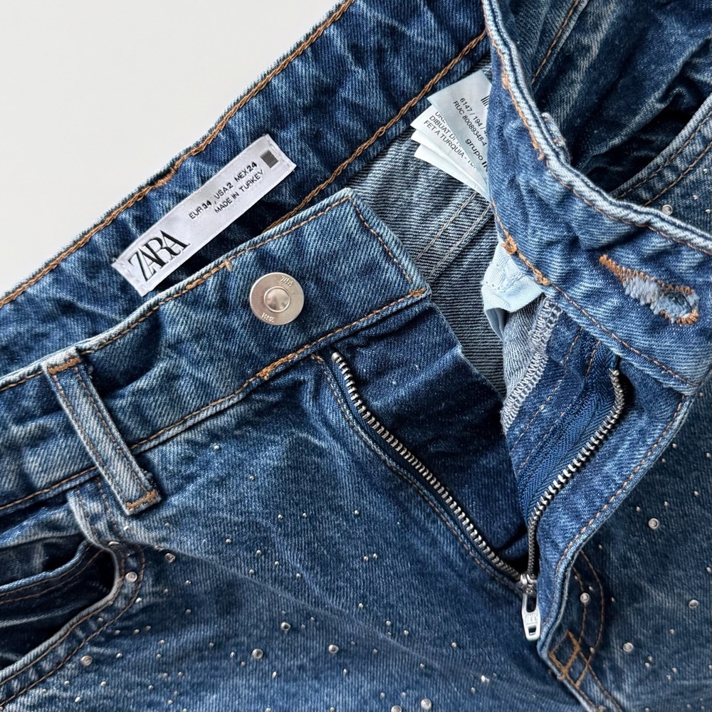 Zara Rhinestone Straight Leg Jeans XS 24 US 2 | High Rise Blue Y2K Party Denim - Picture 3 of 14